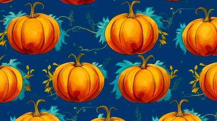 Illustration of pumpkins with leaves on a blue background. Harvest season. Generative AI.