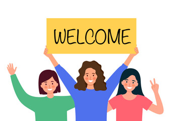 Group of people holding welcome sign with cheerful greetings in flat design. People welcoming concept.