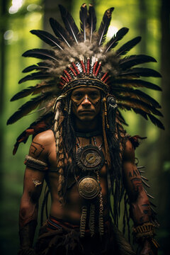 Illustration of a Mohawk warrior in a forest. 