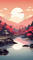 japanese style ,Landscape, National, water color, illustration vector.