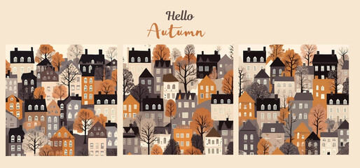 Hello Autumn lettering.Collections of Autumn landscape background.Vector Illustration.