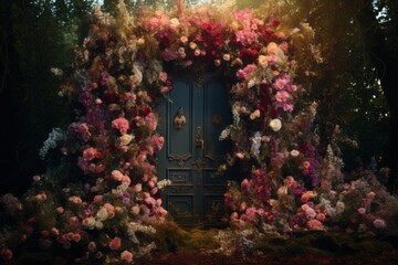 Mystical door amidst verdant forest, adorned with unique keys crafted from vibrant blossoms, symbolizing nature's enigma and opportunities.

