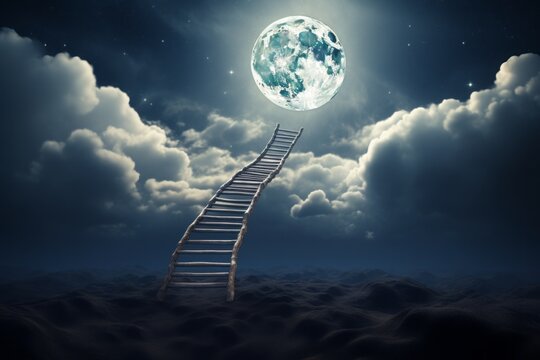 Ethereal ladder stretching from Earth, reaching out to the luminous moon, symbolizing aspirations, dreams, and the infinite journey.

