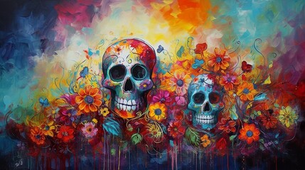 Colorful Day of the Dead Skulls and Flowers