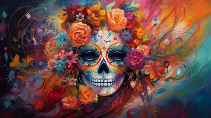 Day of the Dead Painted Woman's Face with Flowers