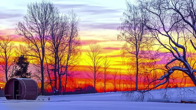 Timelapse - Colourful sunrise over lone cabin on cold snowy field. Static wide 