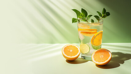 Citrus infused water with fresh organic fruits and herbs, non-alcoholic cocktails