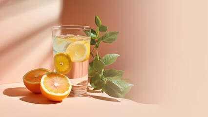Fototapeta premium Citrus infused water with fresh organic fruits and herbs, non-alcoholic cocktails