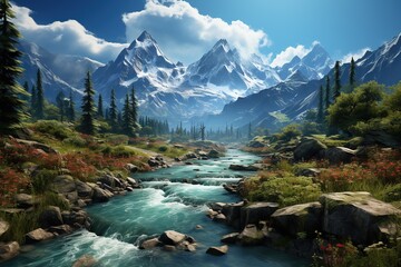 majestic landscape, featuring a breathtaking mountain range with a cascading waterfall and vibrant flora.