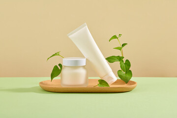 Advertising scene for cosmetic with unlabeled bottle mockup decorated with fresh fish mint on brown background. Front view, space for design packaging