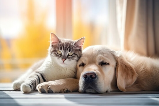 Cat and dog lying tohether on the floor indoors