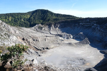 view of Tangkuban Perahu volcano mountain with bluesky in the morning