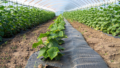 cucumbers seeding grown in rows with plastic mulching
