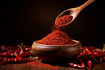 A wooden spoon pouring chili powder into a bowl, chili powder in wooden spoon, Generative AI - obrazy, fototapety, plakaty