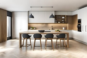 Fototapeta premium Modern contemporary kitchen room interior in white and wood material. 3d rendering