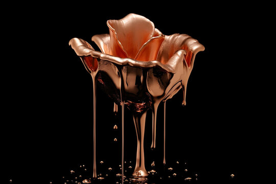 Rose made out of liquid rose gold. Dripping metal rose gold on black background. 