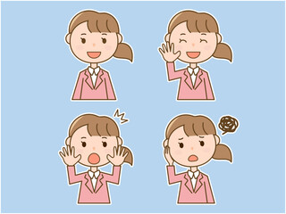 女性会社員がびっくりする_挨拶する_思い悩む_スーツ女性の4ポーズセット_白フチあり