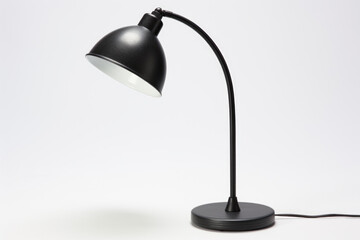 A black desk lamp with a curved neck and round base. The lamp has a black cord that extends from the base, white background