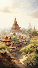 Fototapeta premium Myanmar, Landscape, water color, illustration.