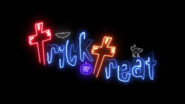 Glowing neon line of happy halloween party banner design isolated on transparent background. Trick or Treat. Bright signboard. Holiday concepts. 4K video motion graphic animation.