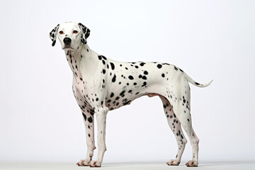 "A striking Dalmatian with black spots against a white backdrop."