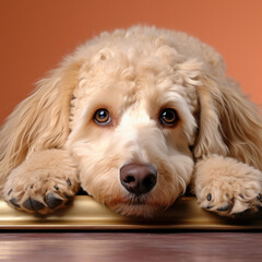 A lackluster Poodle lies against a beige background, displaying disinterest.