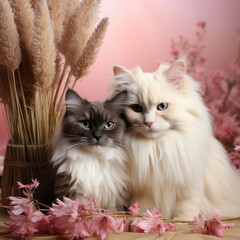 A warm and tender Birman cat with soft eyes and silky coat nuzzles close to the camera in a studio with a blush pastel background.