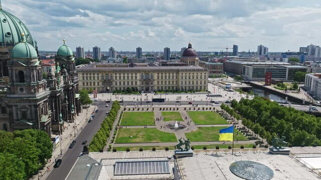 Aerial Drone shot of The Humboldt Forum museum on the Museum Island ( spreeinsel ) in the historic centre of Berlin, Germany