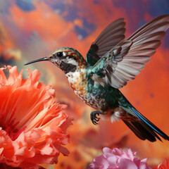 A vibrant hummingbird expresses energy and delight in front of a bright coral pastel background.