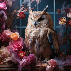 A majestic owl with intense eyes and feathers exuding wisdom and mystery.
