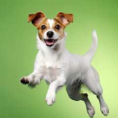 A lively Jack Russell Terrier showcasing its exuberance in a studio setting.