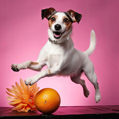 A lively Jack Russell Terrier showcasing its exuberance in a studio setting.