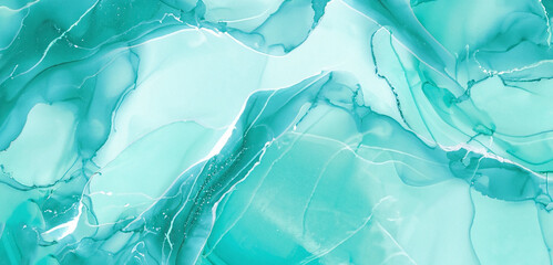 Pastel cyan mint liquid marble watercolor background with white lines and brush stains. Teal...