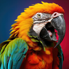 A colorful and intelligent Macaw mimics sounds against a vibrant Brazilian pastel backdrop.