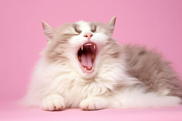 A somnolent Ragamuffin cat with captivating blue eyes yawning against a pastel pink backdrop, showcasing its long, plush fur and sleepy demeanor.