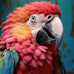 A colorful and intelligent Macaw mimics sounds against a vibrant Brazilian pastel backdrop.