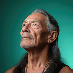 A Native American man in his 60s gazes into the distance with a thoughtful expression against a teal pastel backdrop.