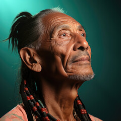 A Native American man in his 60s gazes into the distance with a thoughtful expression against a teal pastel backdrop.