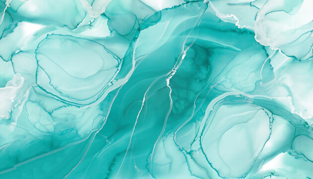 Pastel cyan mint liquid marble watercolor background with white lines and brush stains. Teal turquoise marbled alcohol ink drawing effect.
