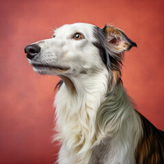 A sleek and attentive Borzoi stands against a pastel backdrop.