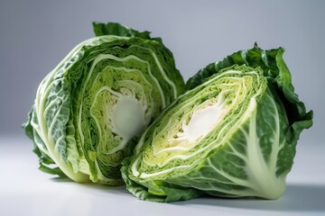 Fototapeta premium Captivating View Halved Head of Cabbage Revealing Intricate Layers and Vibrant Colors