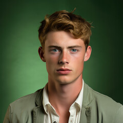A determined young man in his 20s sets his jaw and gazes ahead against a green pastel background, reflecting ambition and resolve.