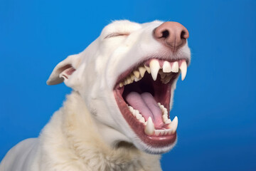 A happy Poodle with a cream-colored coat chuckling against a solid sky blue background.