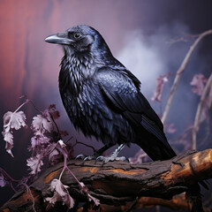 A clever raven with dark feathers and intelligent eyes reflects mystery and intelligence against a night pastel backdrop.