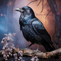 Fototapeta premium A clever raven with dark feathers and intelligent eyes reflects mystery and intelligence against a night pastel backdrop.