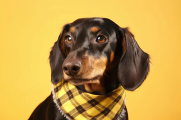 A delightful Dachshund wearing a checkered handkerchief against a pastel yellow backdrop.