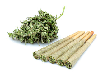 Pre-Roll marijuana joint with cannabis buds in a clear glass jar on the white background