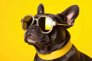 "A French Bulldog looking stylish in aviator sunglasses against a vibrant yellow backdrop."