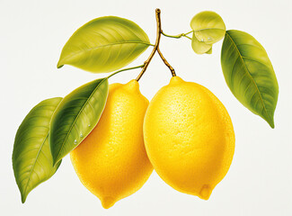 Two Fresh Lemons with Leaves on White Background.