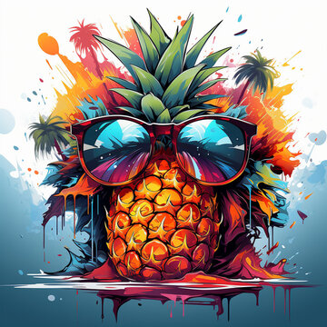 Pop art the image of a pineapple with a glasses. summer t-shirt